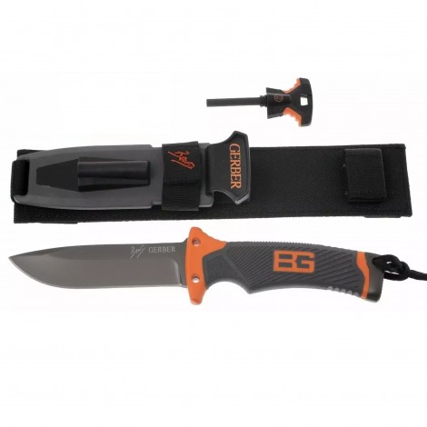 Set Cuțit camping Gerber GER-BG25 25cm, lama otel inox, maner portocaliu texturat, functii multiple, teacă inclusa