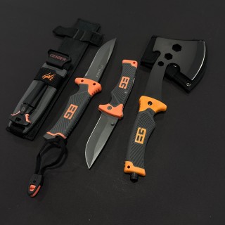 Set 3 piese camping si drumetie Gerber - Cuțit diverse funcții GER-BG25 25cm, Toporișcă multifunctionala GER-TPR30 30cm si Briceag GER-BRC23 23cm