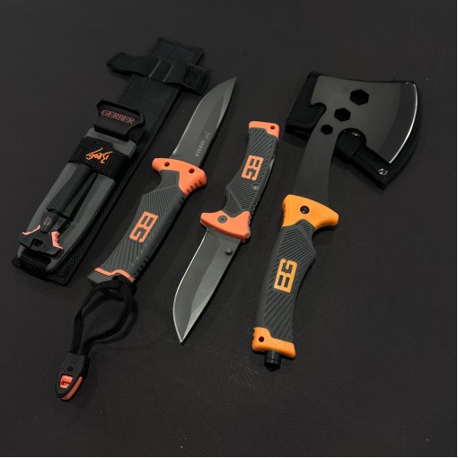Set 3 piese camping si drumetie Gerber - Cuțit diverse funcții GER-BG25 25cm, Toporișcă multifunctionala GER-TPR30 30cm si Briceag GER-BRC23 23cm