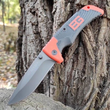 Cuțit camping briceag Gerber GER-BRC21VD 21cm, lama varf dublu otel inox, maner portocaliu texturat, teacă inclusa