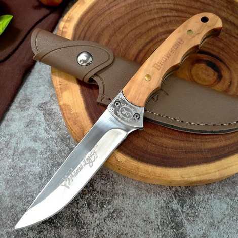 Cutit camping dezosat Browning 23cm, lama otel inox, maner lemn maro, husa piele