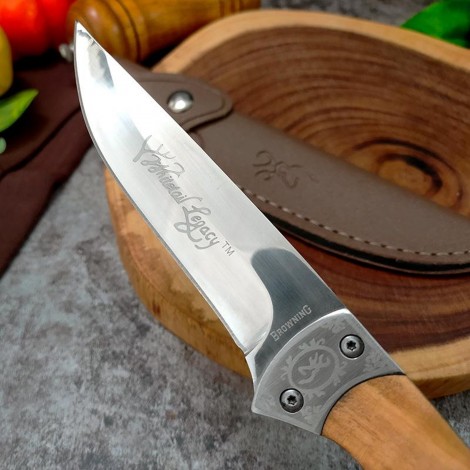 Cutit camping dezosat Browning 23cm, lama otel inox, maner lemn maro, husa piele