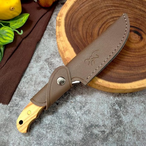 Cutit camping dezosat Browning 23cm, lama otel inox, maner lemn maro, husa piele
