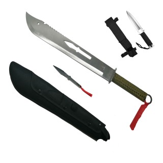 Cuțit camping tip maceta sabie 70cm, lamă oțel, muchie parțial zimțată, mâner paracord verde, cu husa si cutit de aruncat inclus + Cadou kunai 22cm FRS10