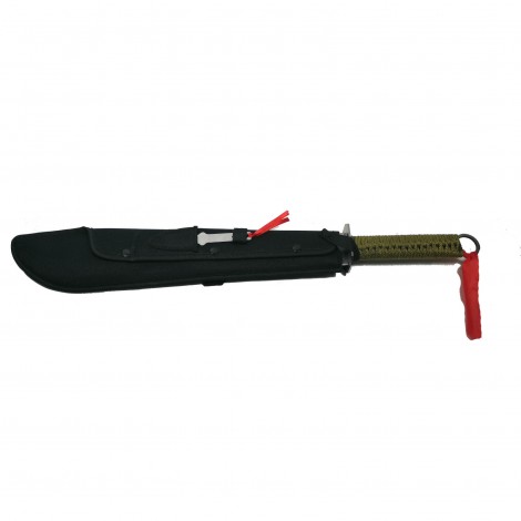 Cuțit camping tip maceta sabie 70cm, lamă oțel, muchie parțial zimțată, mâner paracord verde, cu husa si cutit de aruncat inclus + Cadou kunai 22cm FRS10