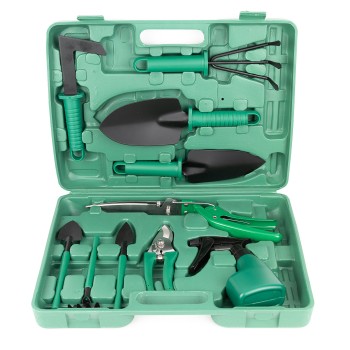 Set 10 unelte gradinarit, valiza transport, metal/plastic, verde/negru