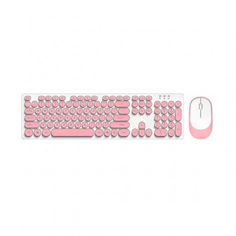 Set tastatura si mouse wireless Andowl TF770, taste rotunde, roz