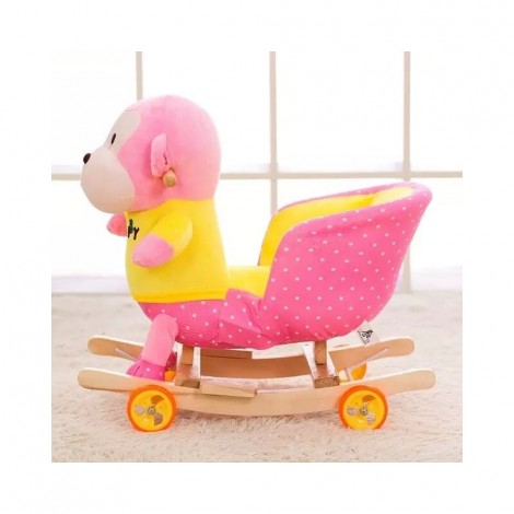 Balansoar cu roti, talpi din lemn si muzica, captuseala plus, model Maimutica roz