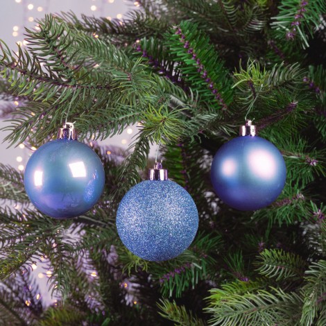 Globuri de brad, 10 piese, diametru 6cm, 2 modele albastru