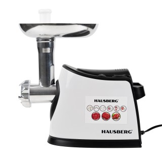 Masina electrica tocat carne Hausberg HB-3440, 1600W, 1 kg/min, buton reverse, 3 site, aluminiu, alba