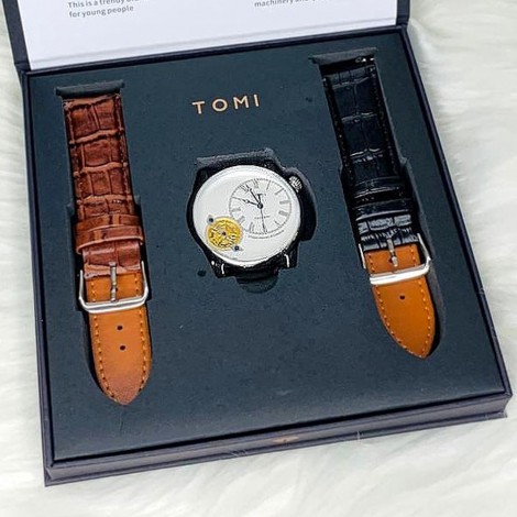 Ceas de mana Tomi RD-A345, 2 curele de piele maro si negru, cutie, alb