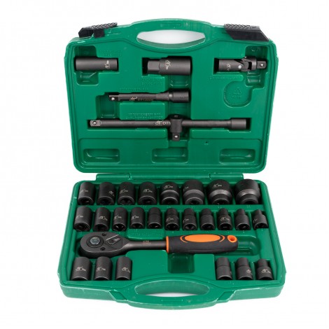 Trusa 32 piese tubulare de impact, cu clichet 1/2, Cr-V, verde TRSCH Trusa 32 piese tubulare de impact, cu clichet 1/2, Cr-V, verde TRSCH