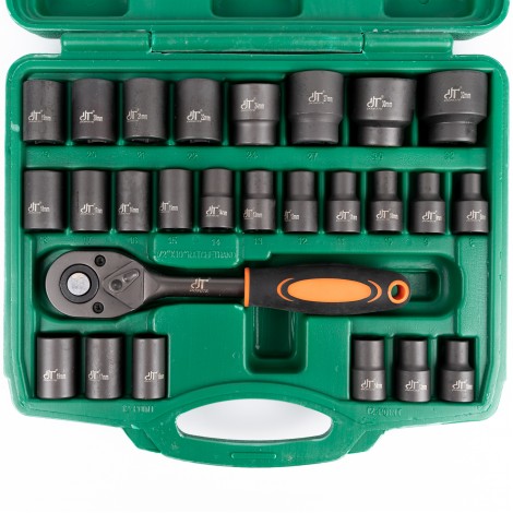 Trusa 32 piese tubulare de impact, cu clichet 1/2, Cr-V, verde TRSCH Trusa 32 piese tubulare de impact, cu clichet 1/2, Cr-V, verde TRSCH