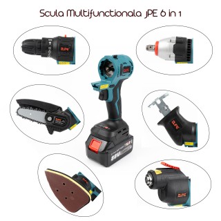 Trusa 6 in 1 JPE cu acumulator, bormasina, cheie impact, minidrujba, fierastrau, vibrator si slefuitor