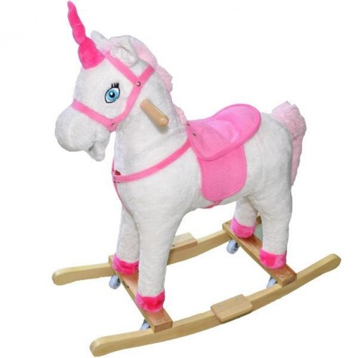 Calut balansoar Unicorn din plus, cadru lemn bambus cu roti, alb/roz Resigilat