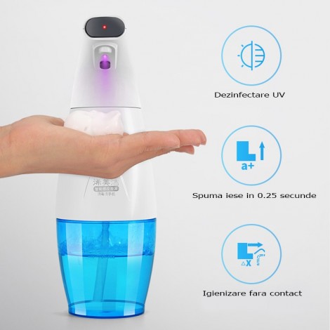 Dispenser automat de sapun/gel dezinfectant Andowl, cu senzor de miscare LED infrarosu, lumina UV, 330ml, bleu