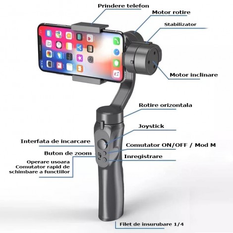 Gimbal, iSteady Mobile Plus, 3 Axe, pentru Smartphone, Sistem stabilizator portabil de imagine, negru