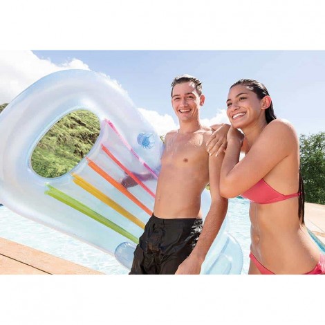 Sezlong gonflabil Intex, cu spatar si buzunar pentru racoritoare, 160x85cm, transparent alb